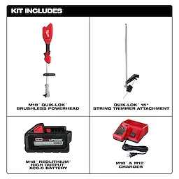 M18 QUIK-LOK Brushless 15” String Trimmer Kit with powerhead, trimmer attachment, battery, and charger.