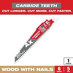 Sawzall Bi-Metal Carbide AX features carbide teeth designed for cutting wood with nails. It is 6 inches long with 5 teeth per inch (TPI), promoting faster cutting and longer durability. The packaging highlights "Cut Longer. Cut More. Cut Faster." and includes one blade per pack.