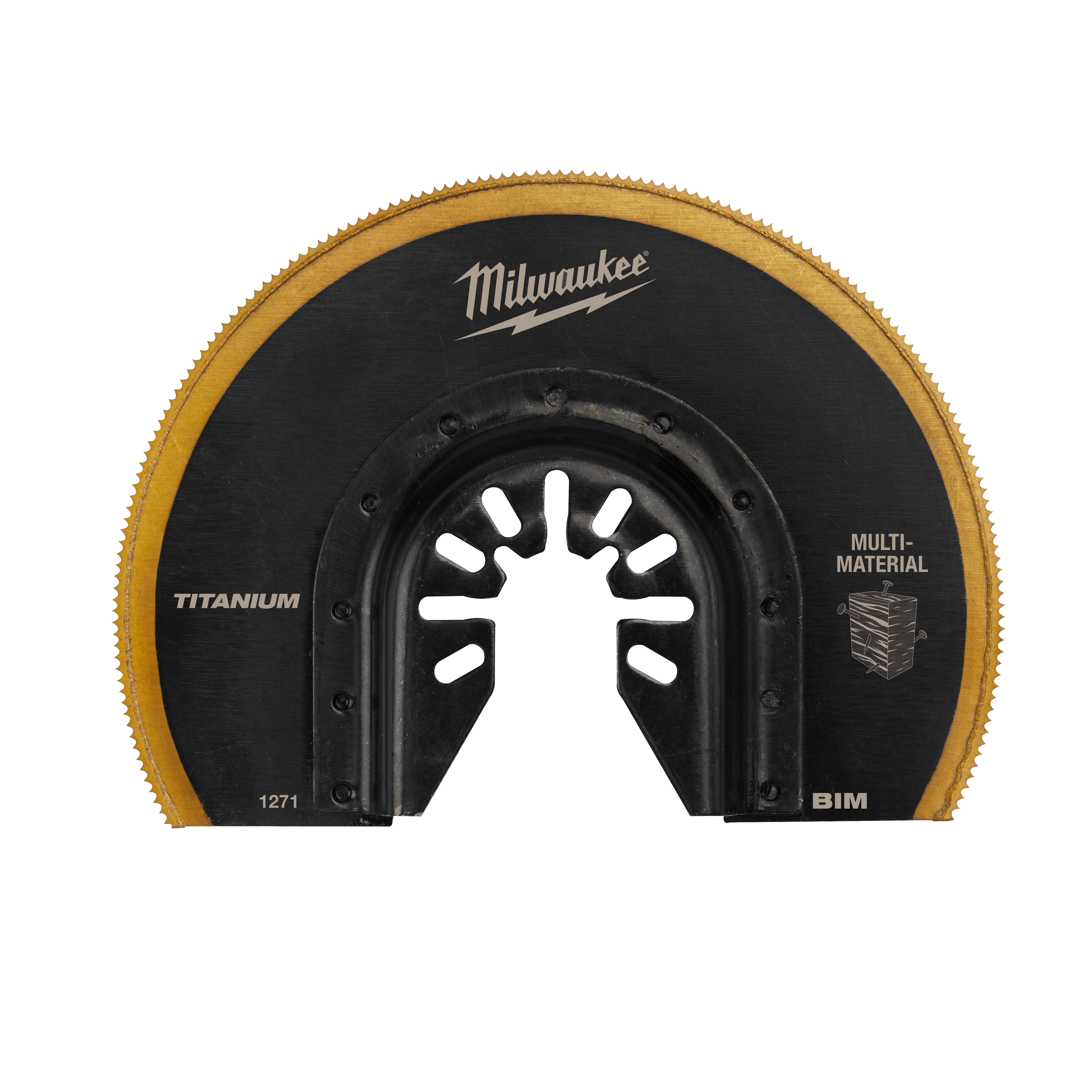 Milwaukee OMT Blades, 3-1/2" BIM TIN Segmented Blade with a black and gold design, labeled for multi-material use.