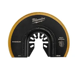Milwaukee OMT Blades, 3-1/2" BIM TIN Segmented Blade with a black and gold design, labeled for multi-material use.