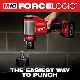 A Milwaukee M18 FORCE LOGIC handheld power tool is shown in use punching a hole into a piece of metal. The device is operated by hand and features a red and black design with the Milwaukee logo clearly visible. The slogan "The Easiest Way to Punch" is displayed below.