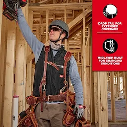 Milwaukee Tool Safety Vest, featuring multiple pockets, drop tail for extended coverage, and a midlayer designed for changing conditions. The worker is wearing the vest in a construction site.