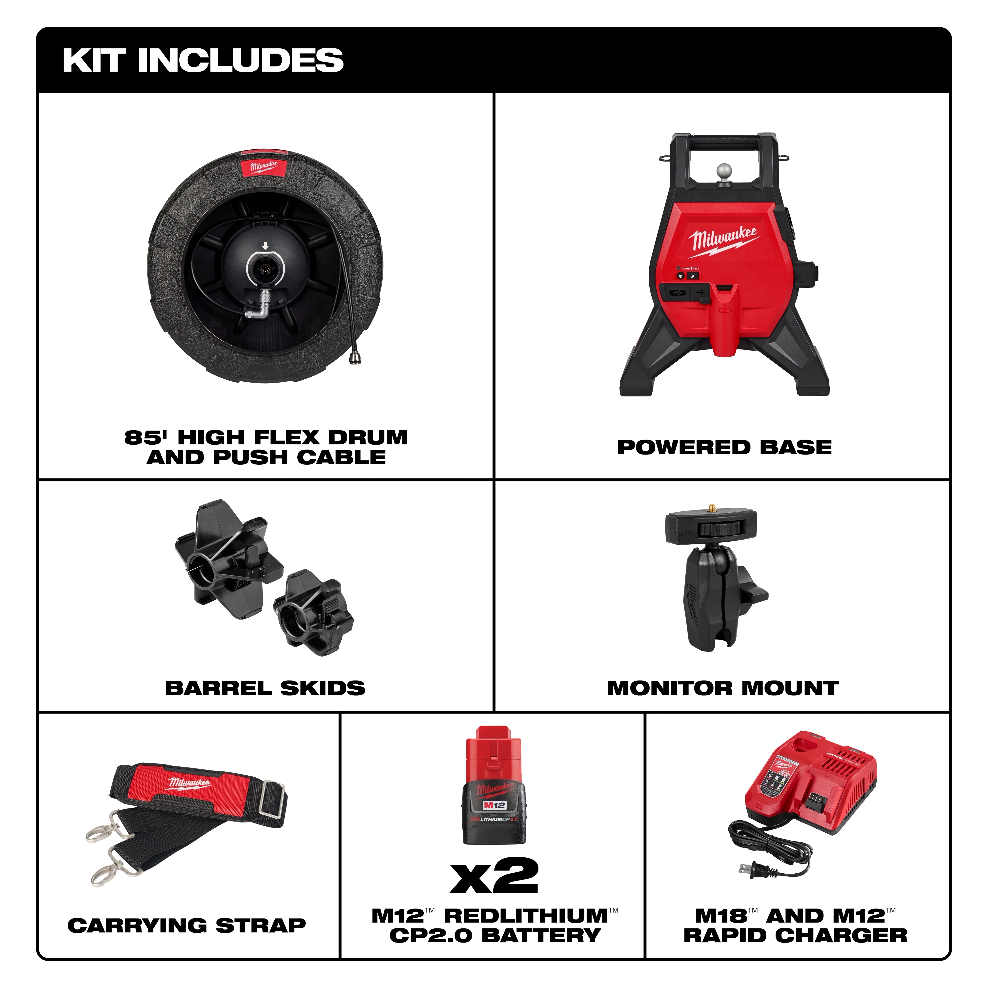 The image shows the contents of the M12™ 65’ Ultra Flex Compact Inspection Camera Kit, including an 85' high flex drum and push cable, powered base, barrel skids, monitor mount, carrying strap, two M12™ REDLITHIUM™ CP2.0 batteries, and an M18™ and M12™ rapid charger.