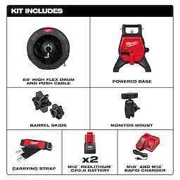 The image shows the contents of the M12™ 65’ Ultra Flex Compact Inspection Camera Kit, including an 85' high flex drum and push cable, powered base, barrel skids, monitor mount, carrying strap, two M12™ REDLITHIUM™ CP2.0 batteries, and an M18™ and M12™ rapid charger.