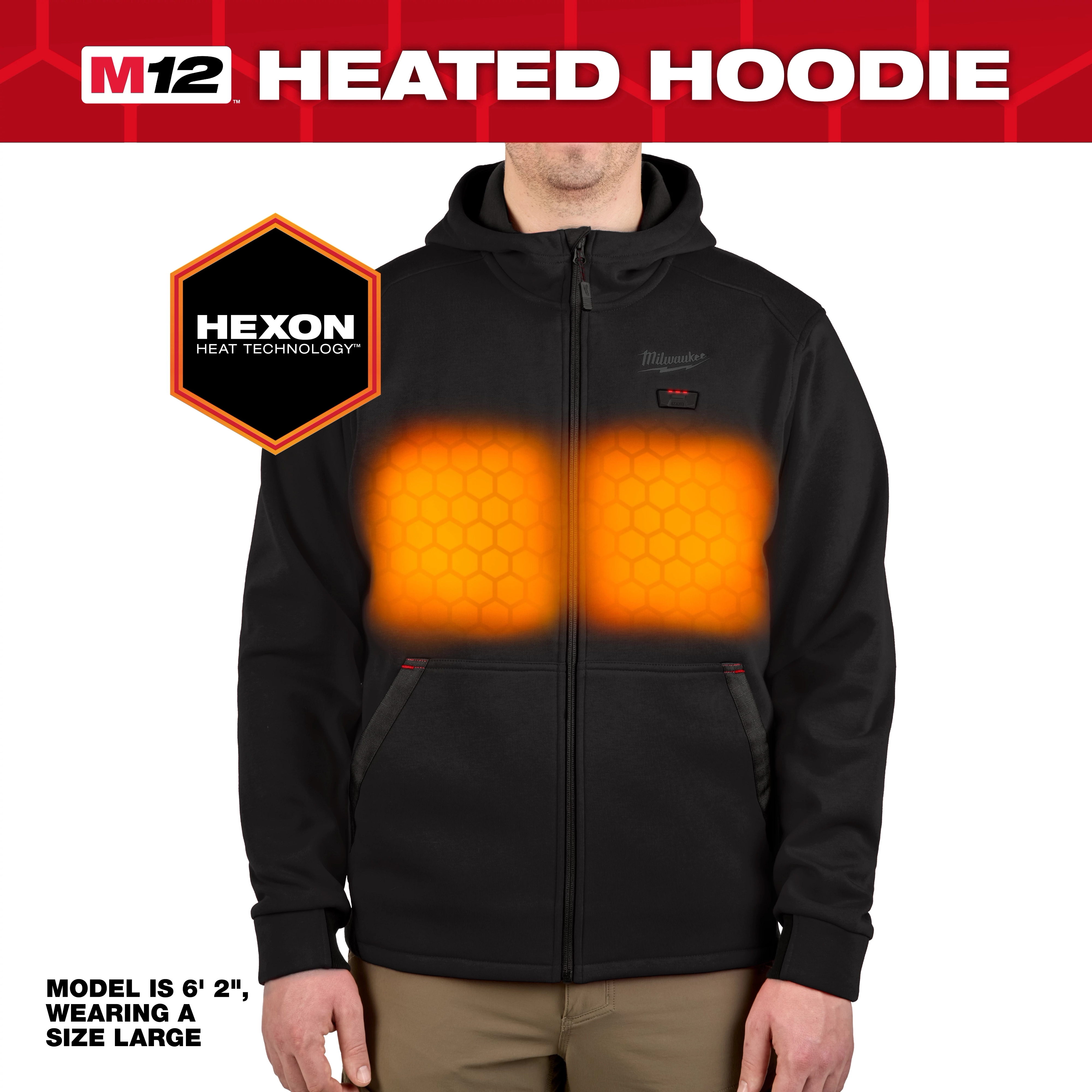 The M12™ Heated Hoodie is a black, zip-up sweatshirt featuring heating zones on the chest. The model is 6'2" and wears a size large. Hexon Heat Technology provides warmth, highlighted with orange hexagon patterns in the heating areas. Name brand logo is visible on the upper left side.