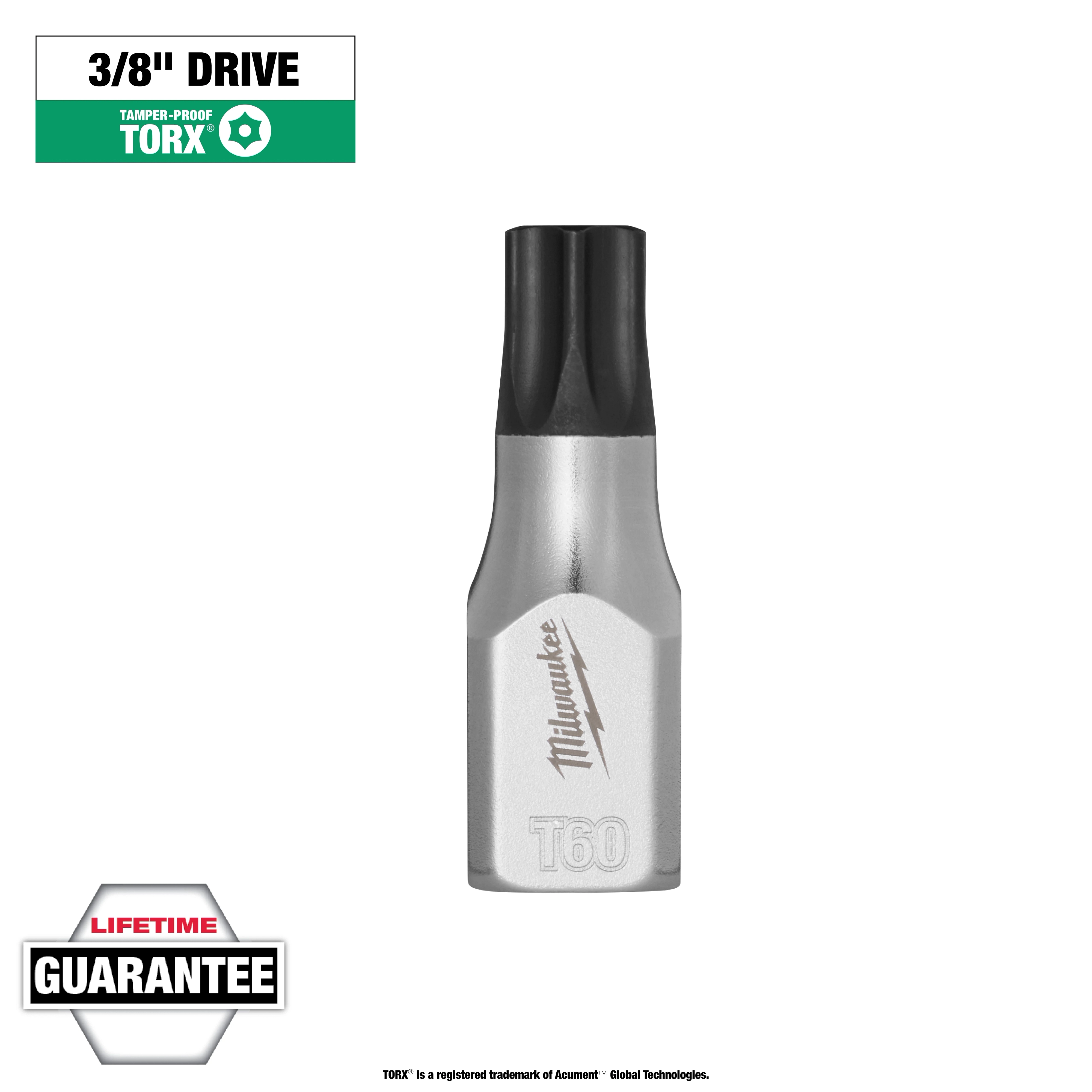 1/4" Drive T60 Tamper Proof TORX Bit Socket with a silver body and black tip, displaying "T60" and a lifetime guarantee label.