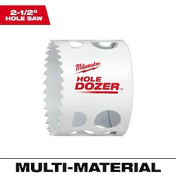 The 2-1/2" Hole Dozer Bi-Metal Hole Saw is shown with sharp teeth and multiple holes, suitable for multi-material cutting.