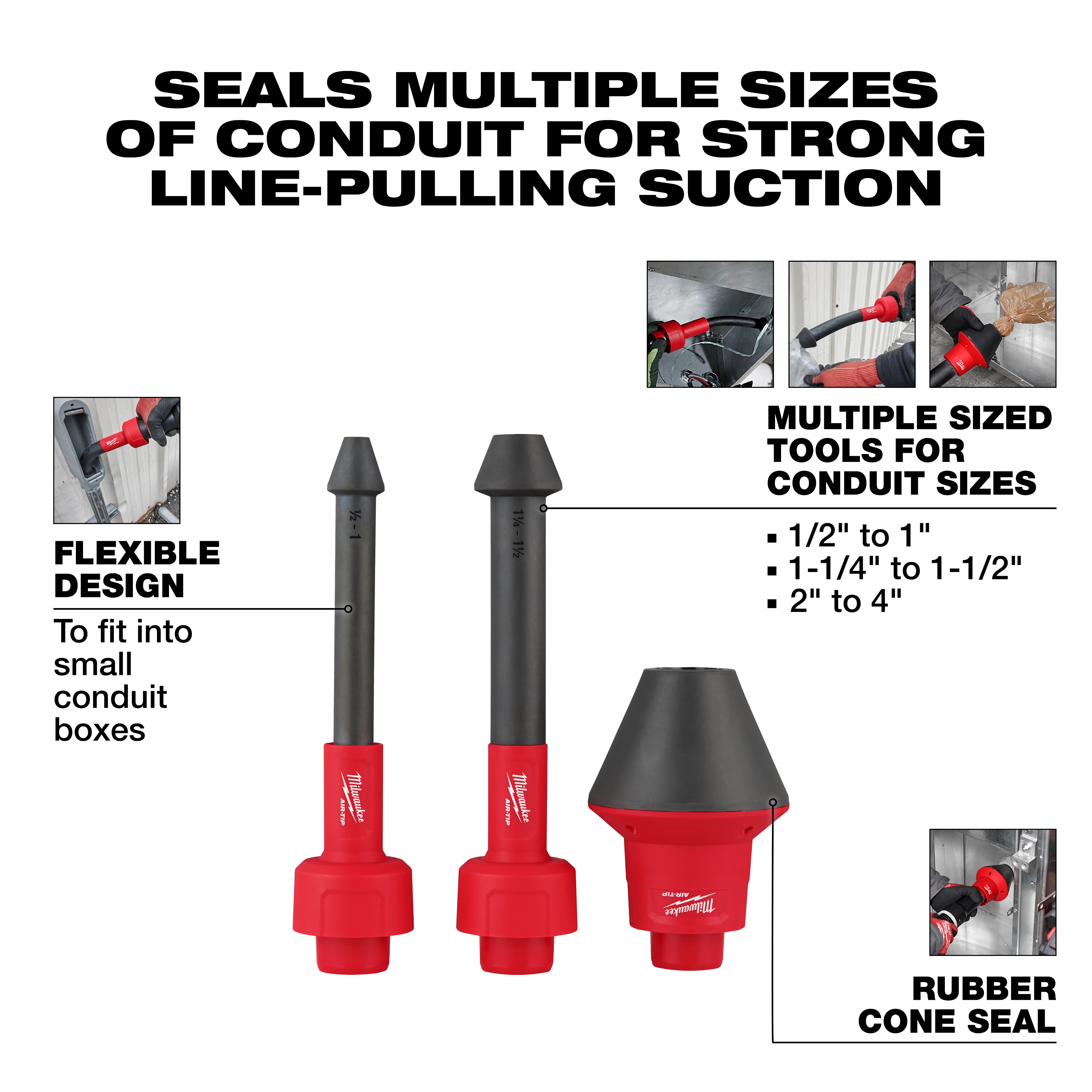 Image of the AIR-TIP™ Conduit Line Puller Kit. The kit includes three red and black pullers. Text indicates it seals multiple conduit sizes for strong line-pulling suction, with flexible design, and rubber cone seal. Sizes listed are 1/2" to 1", 1-1/4" to 1-1/2", and 2" to 4".