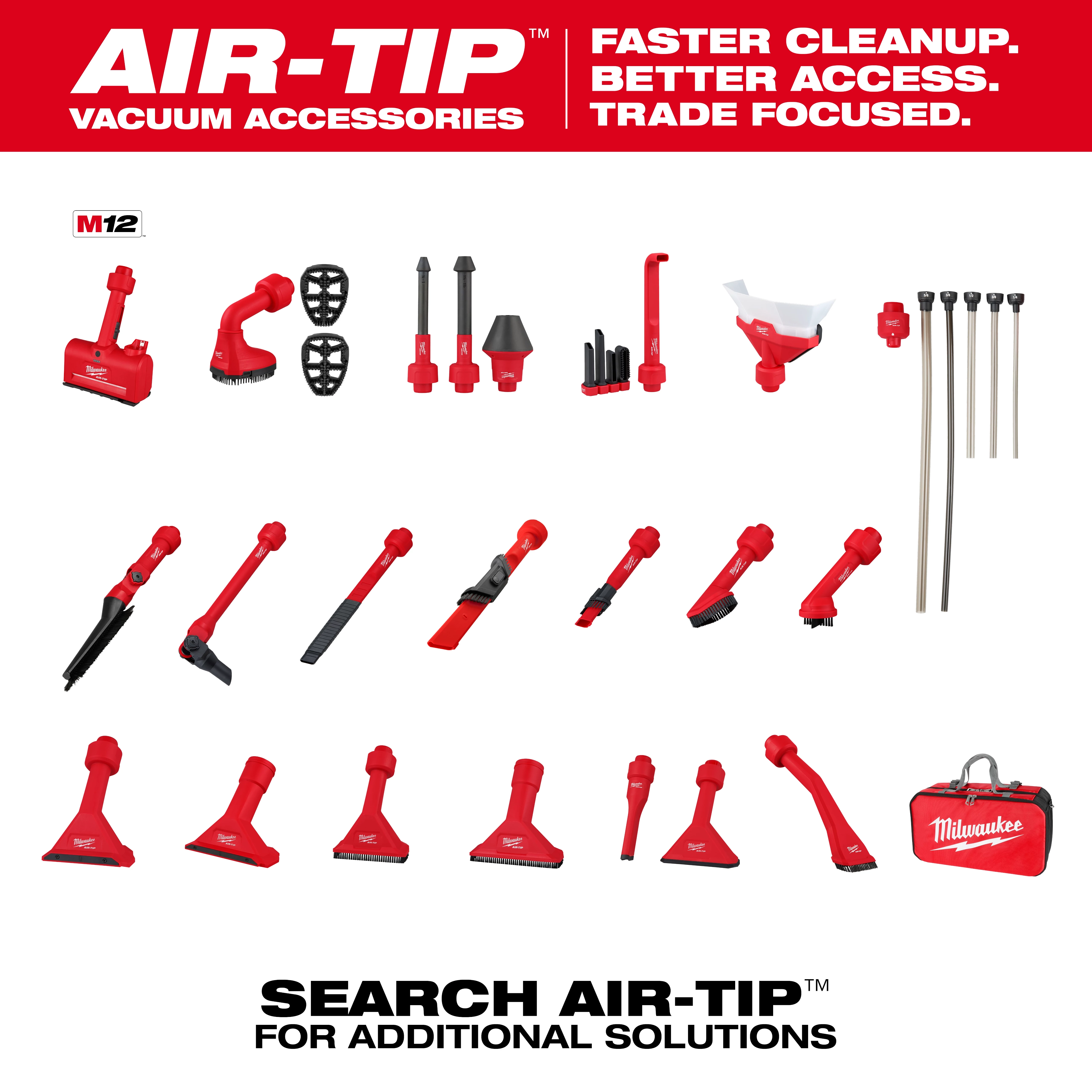 The image displays various AIR-TIP™ Vacuum Accessories including nozzles, brushes, tubes, and other attachments in red and black. The top of the image has the text, "AIR-TIP™ Vacuum Accessories," along with the phrases, "Faster Cleanup," "Better Access," and "Trade Focused." A Milwaukee tool bag is also visible.