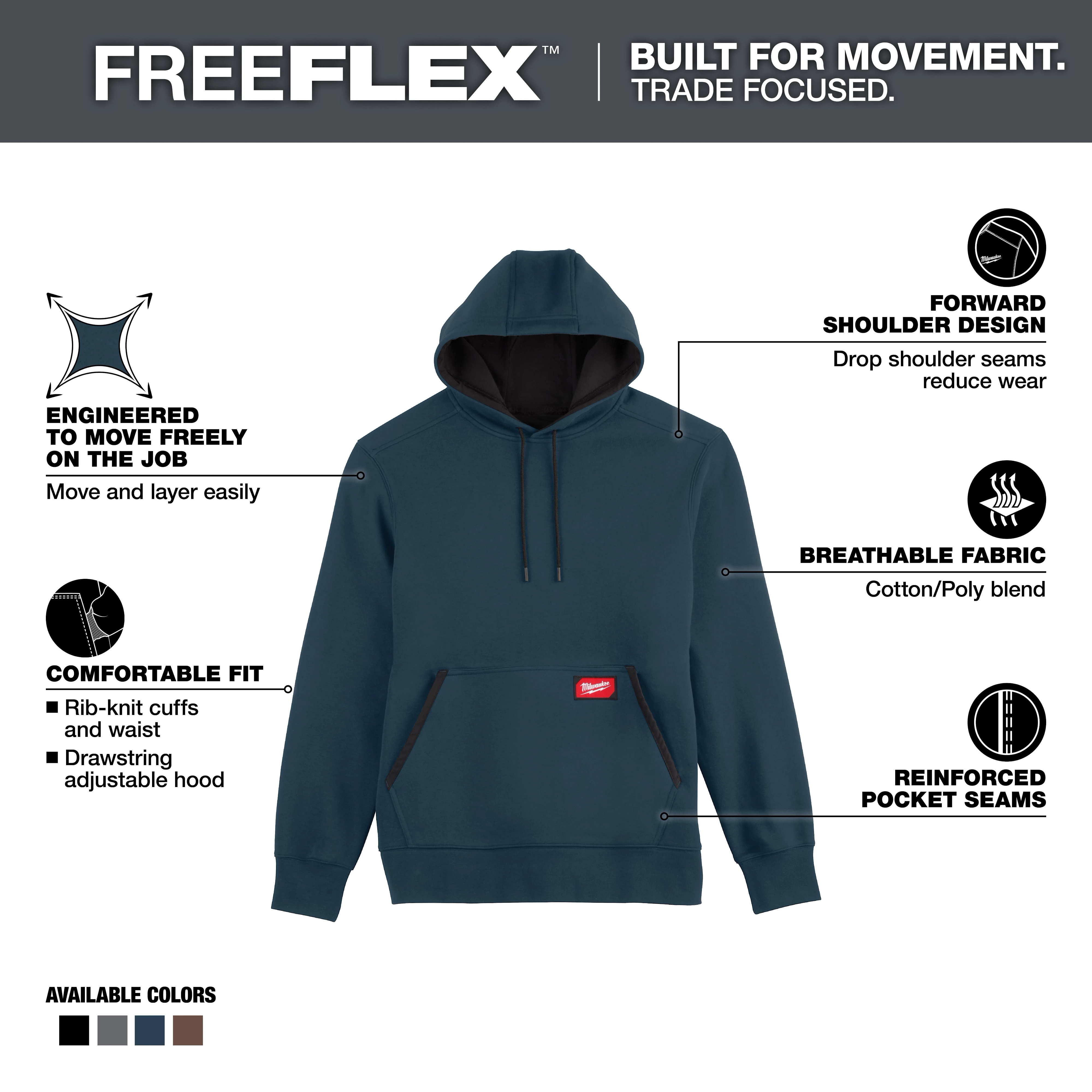 Dark blue Midweight Pullover Hoodie featuring rib-knit cuffs and waist, adjustable drawstring hood, forward shoulder design, and reinforced pocket seams.
