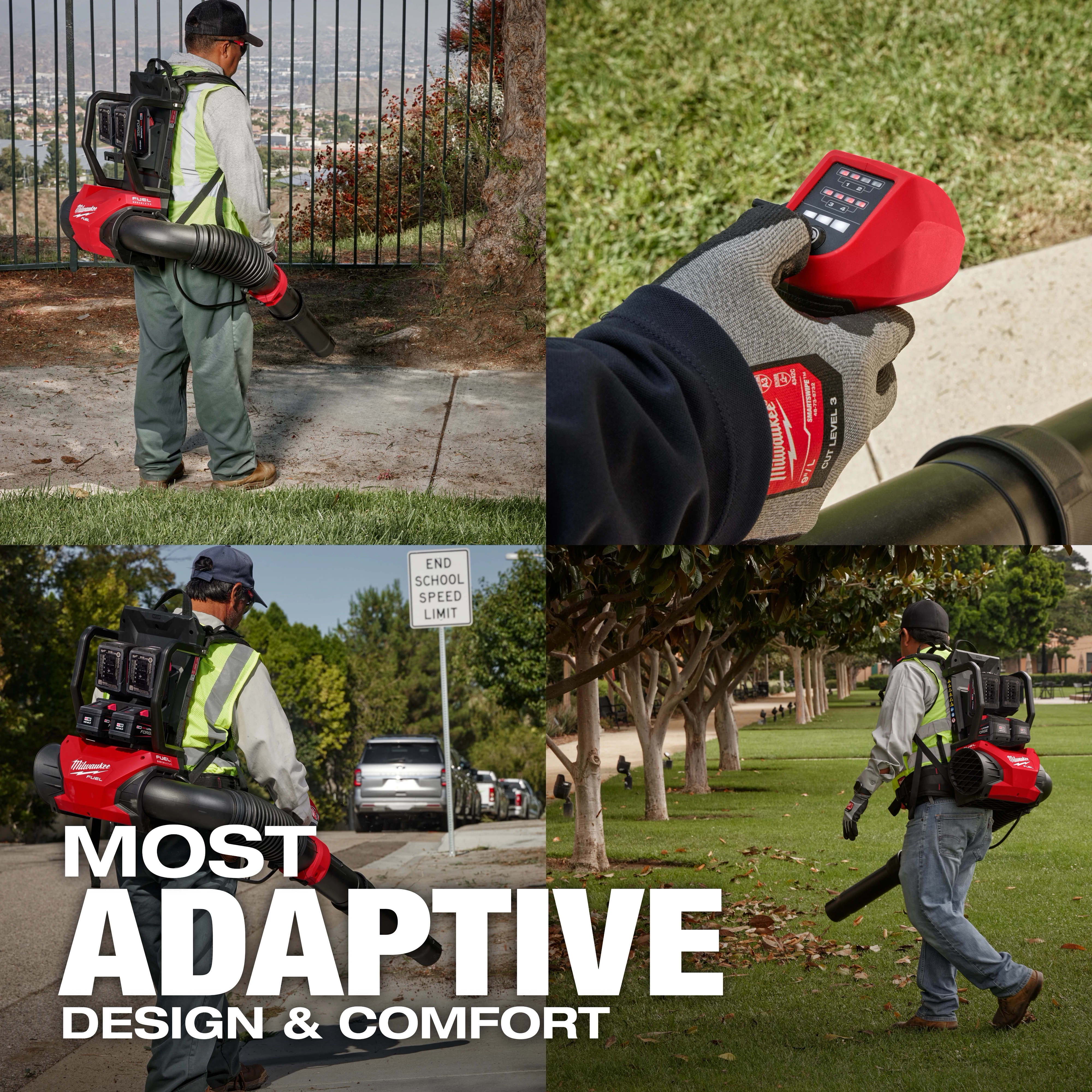 Four images of a person using the M18 FUEL™ Dual Battery Backpack Blower. The person is clearing leaves and debris from various outdoor locations. One image shows a close-up of the control handle. The text “Most Adaptive Design & Comfort” is displayed in the bottom left.