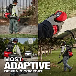 Four images of a person using the M18 FUEL™ Dual Battery Backpack Blower. The person is clearing leaves and debris from various outdoor locations. One image shows a close-up of the control handle. The text “Most Adaptive Design & Comfort” is displayed in the bottom left.