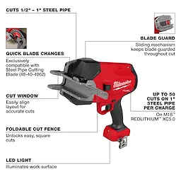 The image shows a Milwaukee M18 FUEL pipe cutter. It features quick blade changes, a blade guard, and a cut window for precision. It can cut 1/2" to 1" steel pipes, has a foldable cut fence, an LED light, and provides up to 50 cuts per charge with M18 REDLITHIUM XC5.0.