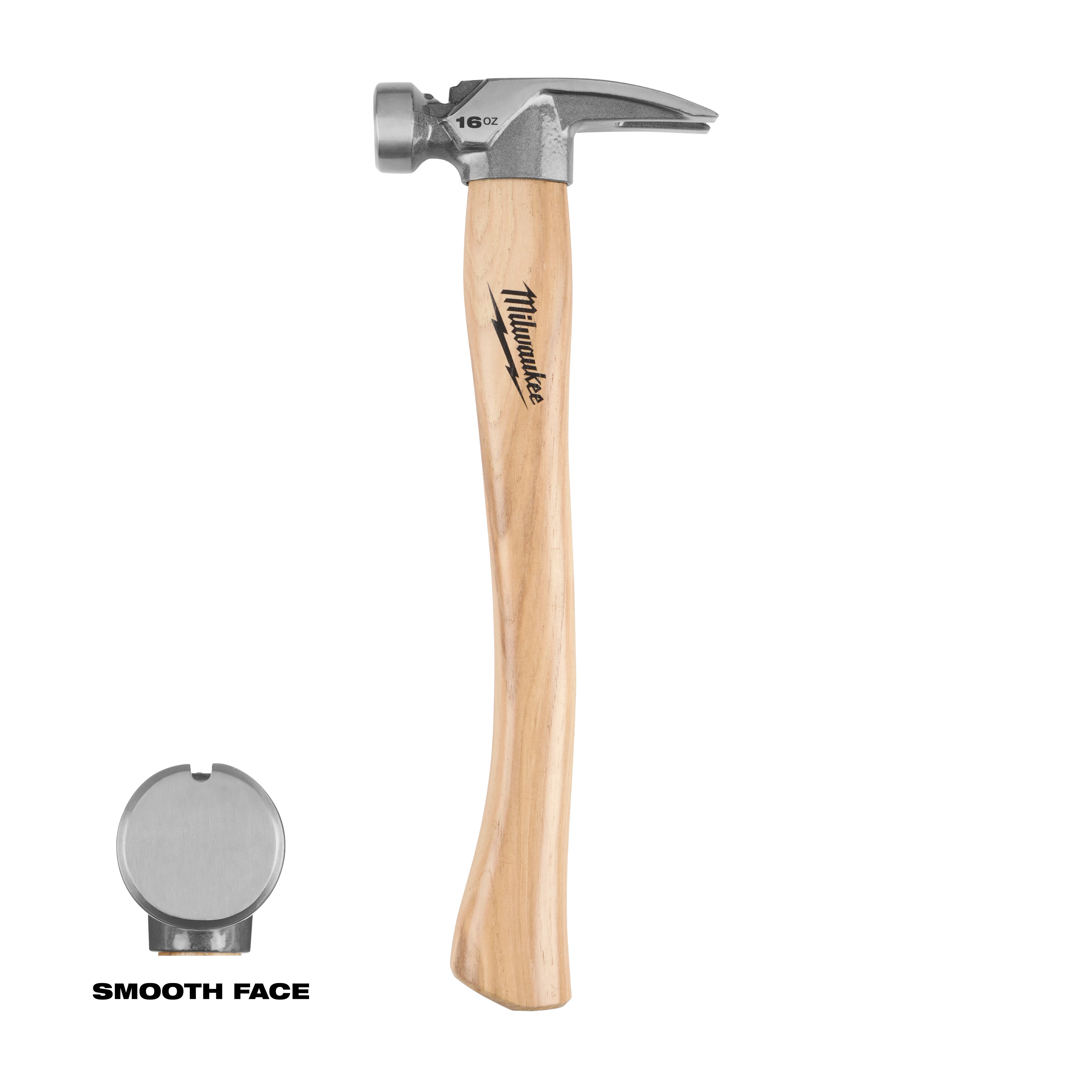 16oz Smooth Face Hickory Handle Hammer with metal head and wood handle, plus a small inset of the smooth hammer face.