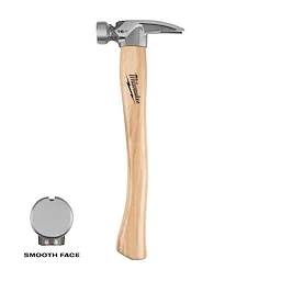 16oz Smooth Face Hickory Handle Hammer with metal head and wood handle, plus a small inset of the smooth hammer face.