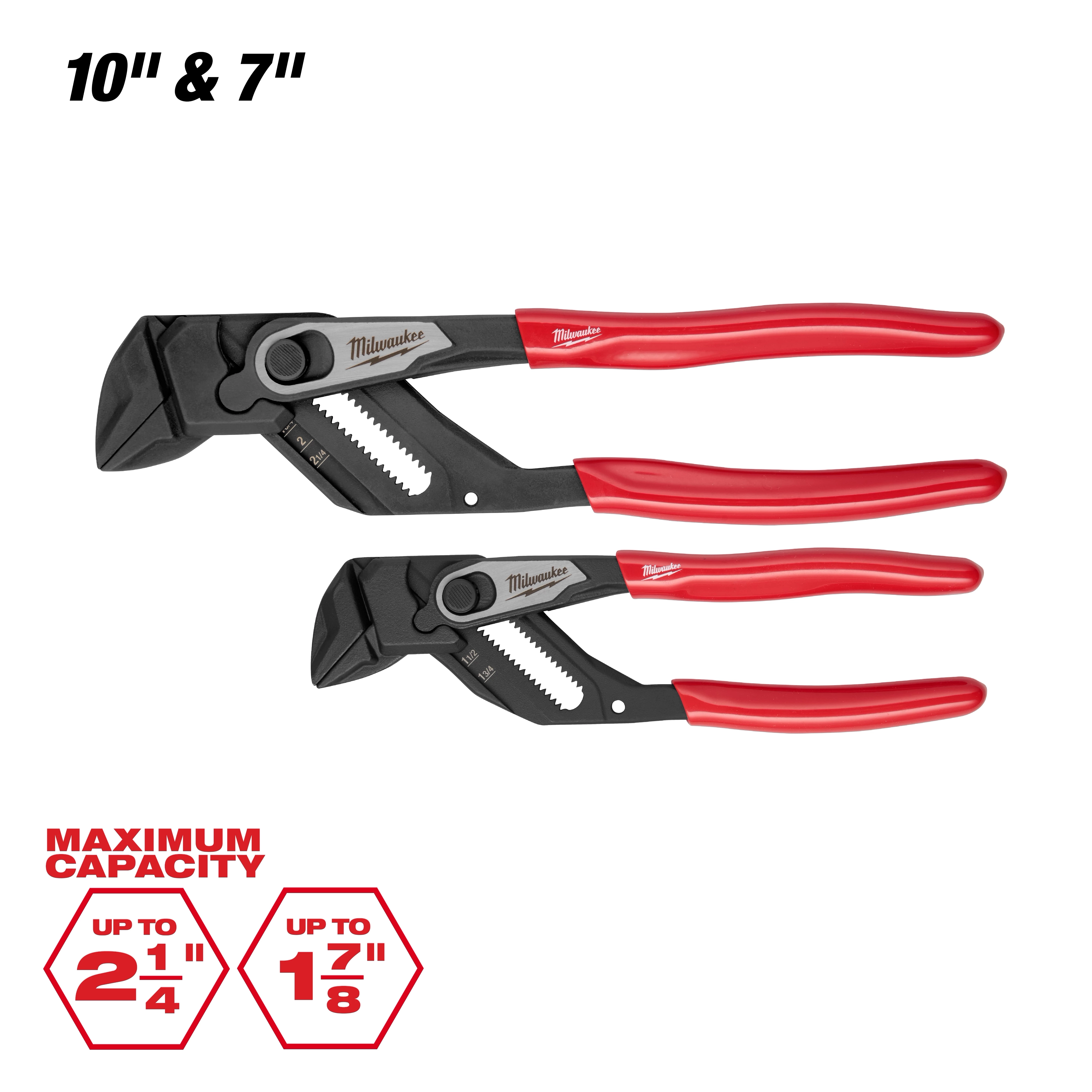 2 PC. Pliers Wrench Set featuring two sizes, 10" and 7"; has black gripping jaws and red handles. Maximum capacity: up to 2-1/4" and 1-7/8".