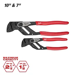 2 PC. Pliers Wrench Set featuring two sizes, 10" and 7"; has black gripping jaws and red handles. Maximum capacity: up to 2-1/4" and 1-7/8".