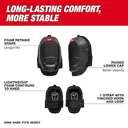 This image shows the Stabilizer Knee Pad features, including foam that retains shape for longer life, a raised lower cap for better stability, lightweight foam that contours to the knee, and a single strap with cinched hook and loop. "One size fits most" is noted at the bottom.