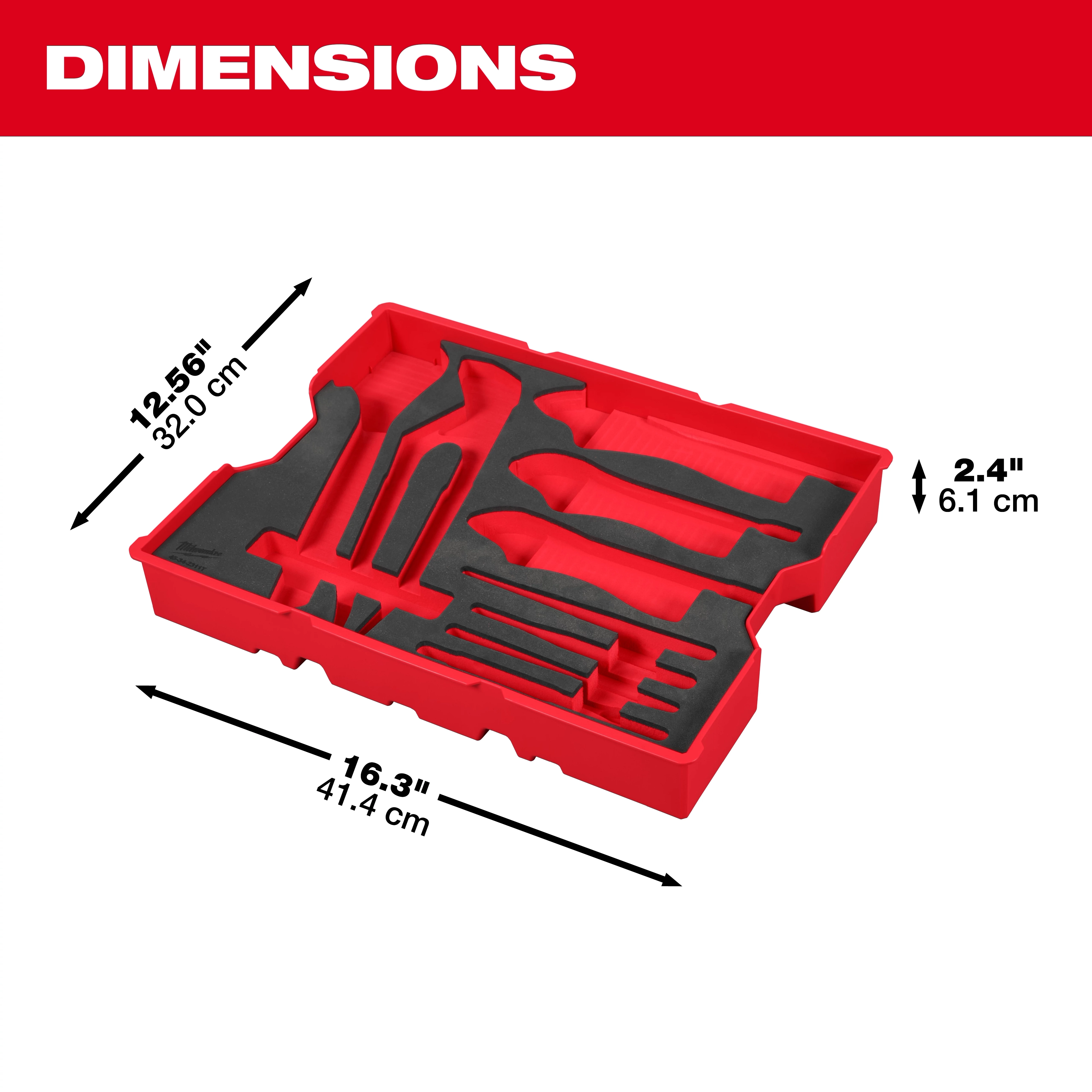 Bare Tray for 9pc. Pliers & Wrench Set for PACKOUT Drawers is shown. Red tray measures 12.56 inches by 16.3 inches by 2.4 inches. The tray has custom slots for pliers and wrenches within a gray foam insert for organized tool storage.