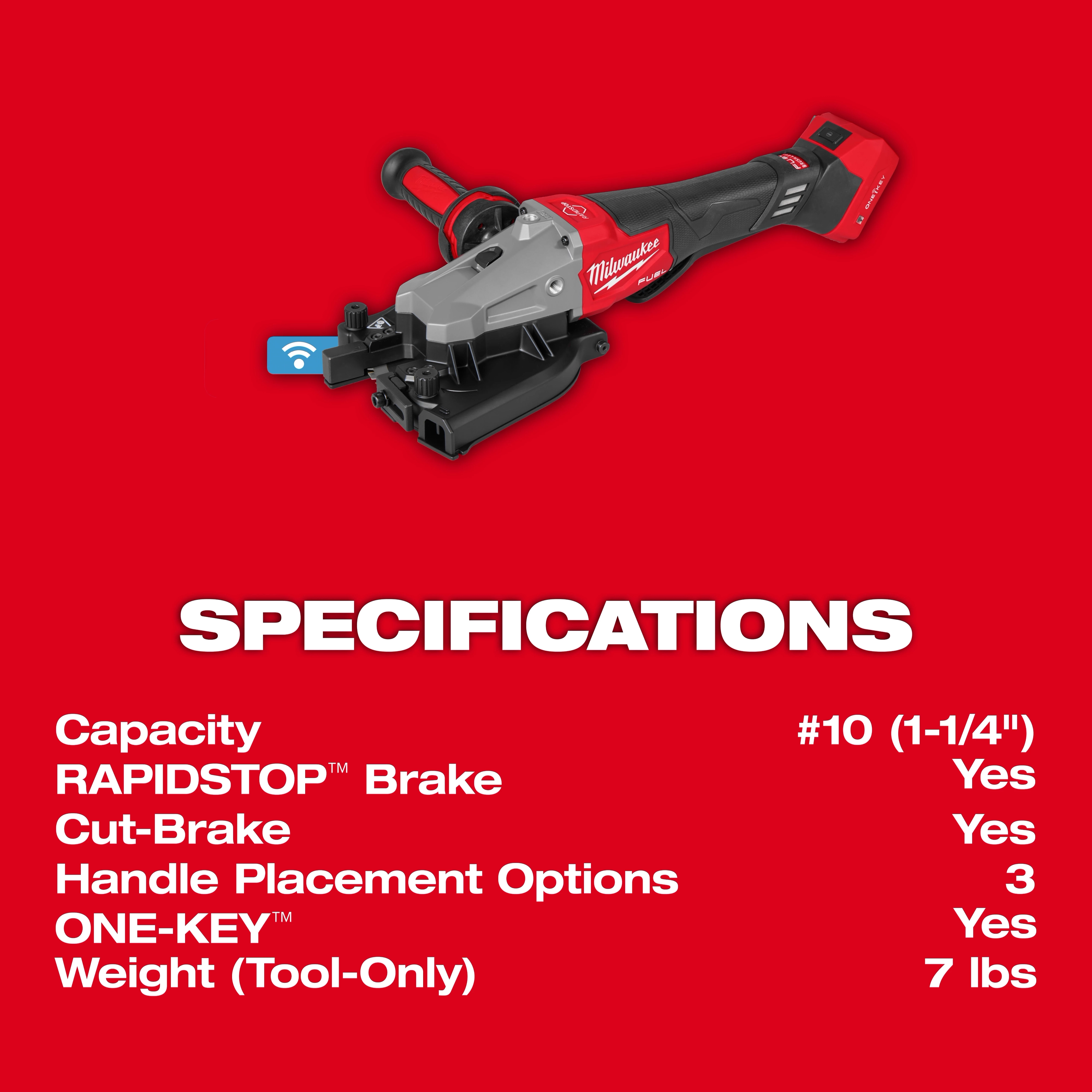 The image shows an M18 FUEL™ #10 (1-1/4") Rebar Cutter with specifications listed, including capacity at #10 (1-1/4"), RAPIDSTOP™ brake, cut-brake, three handle placement options, ONE-KEY™ compatibility, and a weight of 7 lbs (tool-only). The tool is primarily black and red.