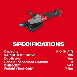 The image shows an M18 FUEL™ #10 (1-1/4") Rebar Cutter with specifications listed, including capacity at #10 (1-1/4"), RAPIDSTOP™ brake, cut-brake, three handle placement options, ONE-KEY™ compatibility, and a weight of 7 lbs (tool-only). The tool is primarily black and red.