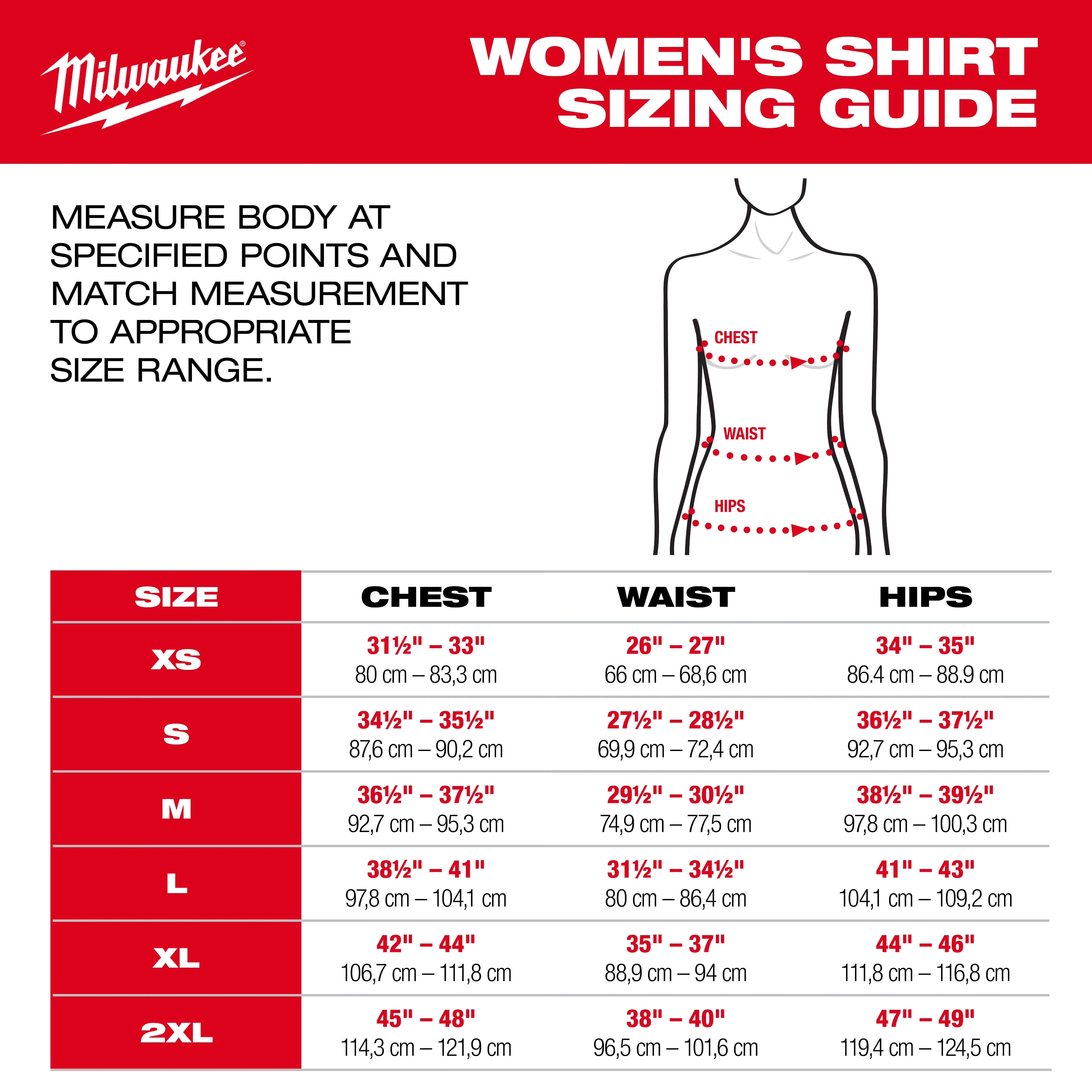 Milwaukee Women's Shirt Sizing Guide