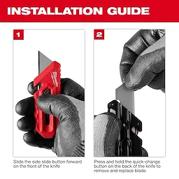 The image illustrates the installation guide for the Multi-function Compact Utility Knife. Step one involves sliding the button forward to extend the blade. Step two shows pressing the quick-change button on the back to remove and replace the blade easily.