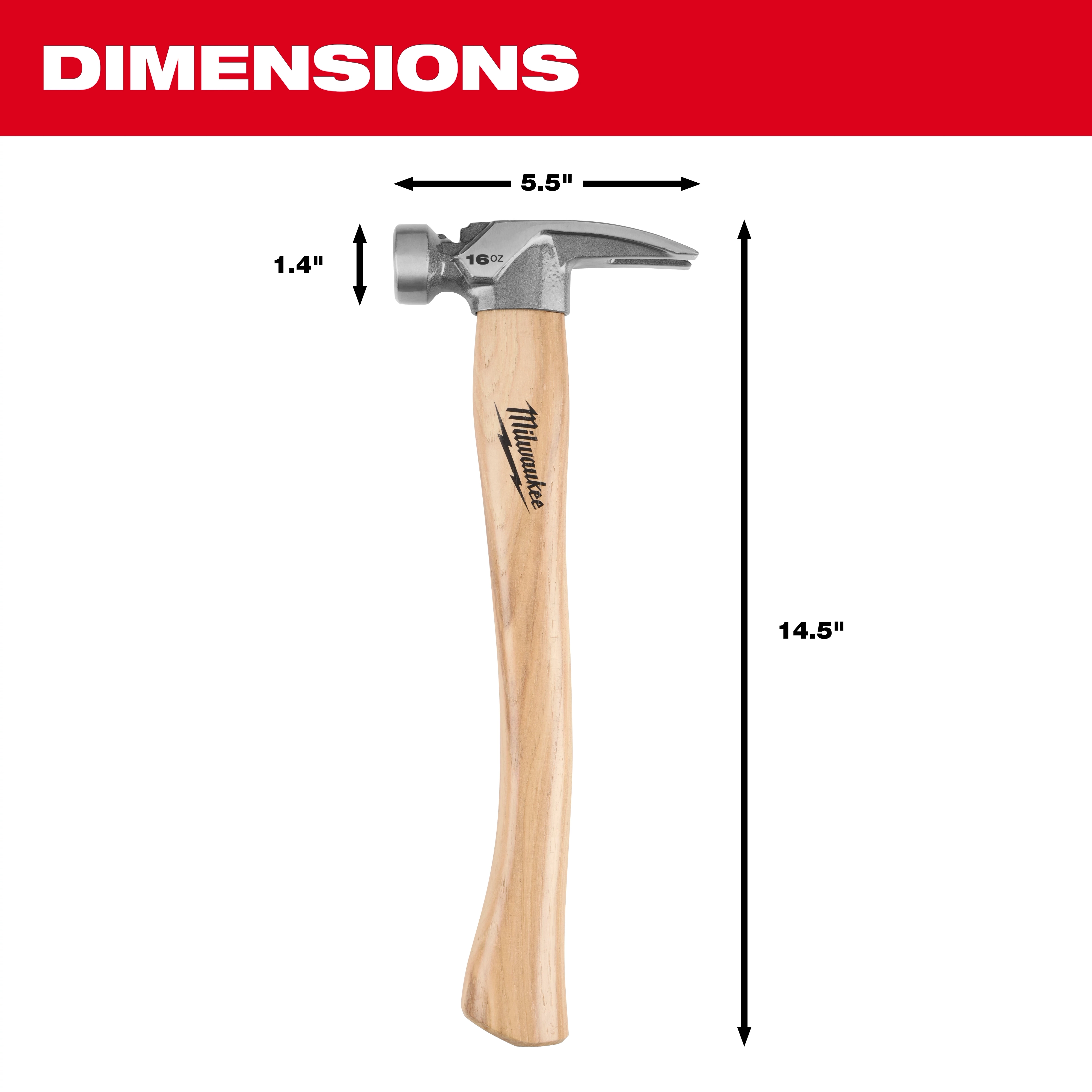 16oz Smooth Face Hickory Handle Hammer centered on white background with labeled length, head width, and face height.