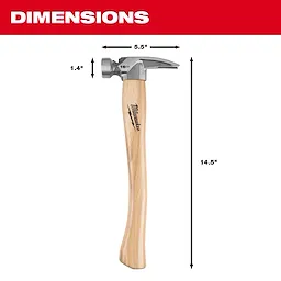 16oz Smooth Face Hickory Handle Hammer centered on white background with labeled length, head width, and face height.