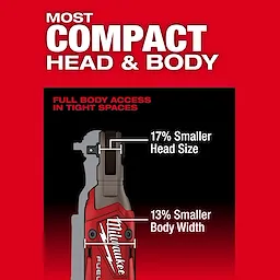 The M12 FUEL 1/4" Ratchet is showcased with the text highlighting its compact head and body. The ratchet has a 17% smaller head size and 13% smaller body width for full access in tight spaces.