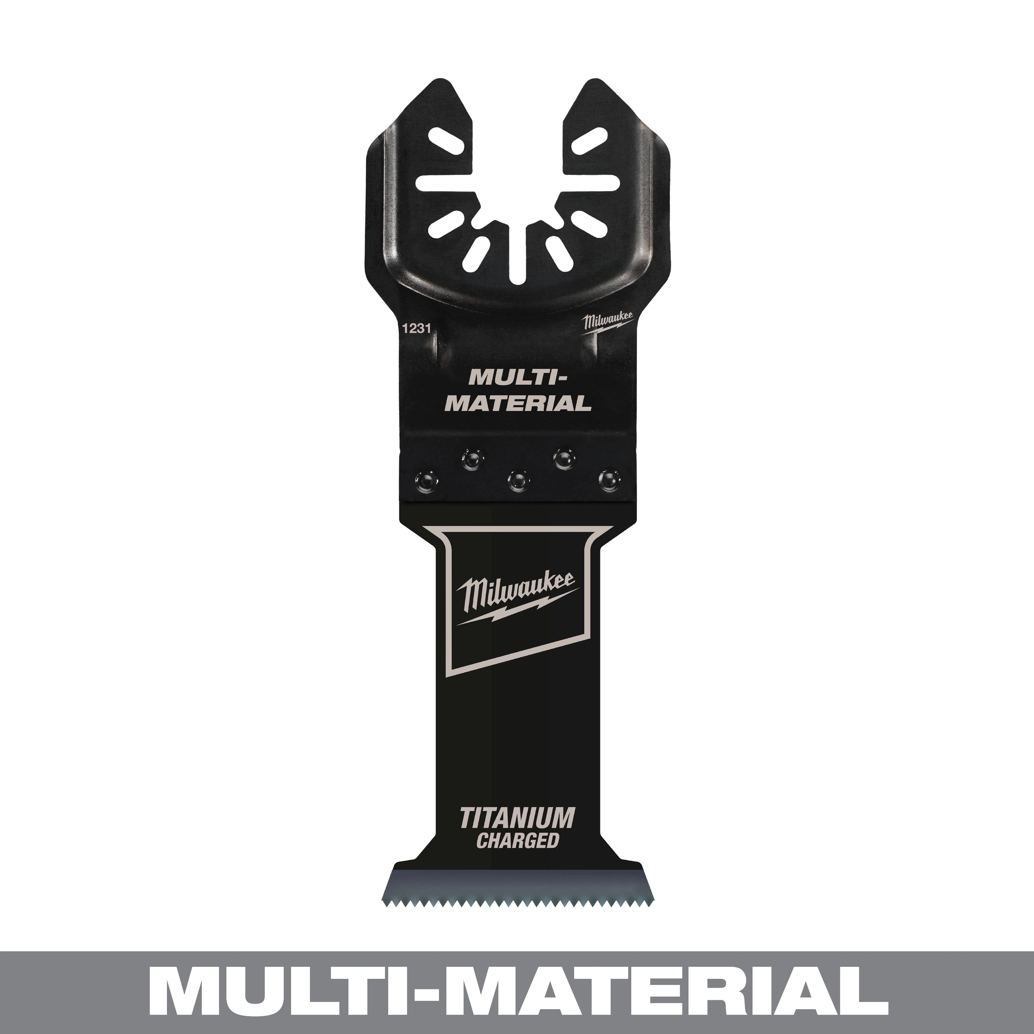 Milwaukee Open-Lok 1-3/8" Titanium Charged Bi-Metal Multi-Material Multi-Tool Blade. Black with product details in white text.