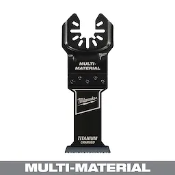 Milwaukee Open-Lok 1-3/8" Titanium Charged Bi-Metal Multi-Material Multi-Tool Blade. Black with product details in white text.