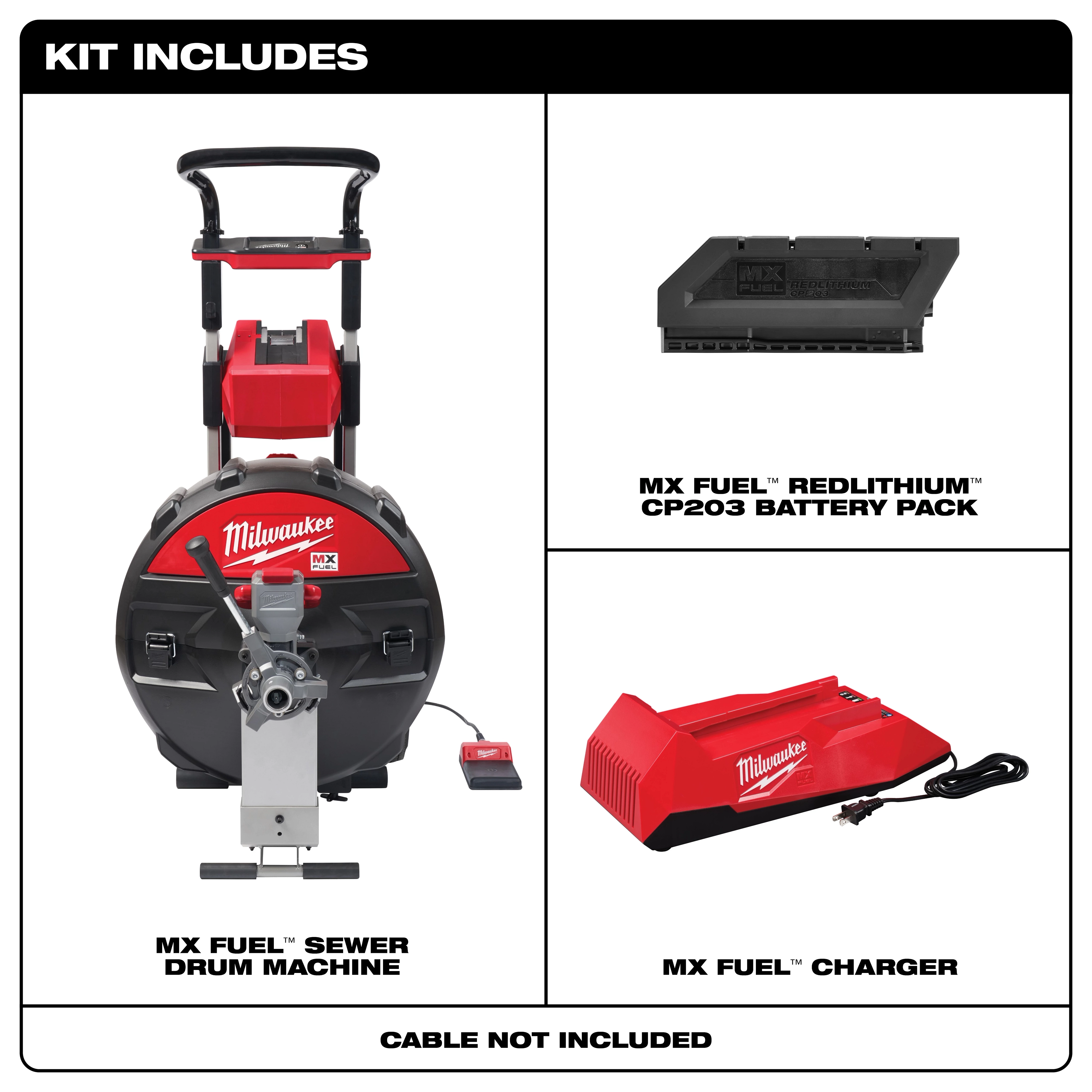 Kit contents: MX Fuel sewer drum machine, Redlithium CP203 battery pack, MX Fuel charger. Cable not included.