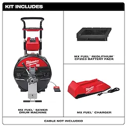 Kit contents: MX Fuel sewer drum machine, Redlithium CP203 battery pack, MX Fuel charger. Cable not included.