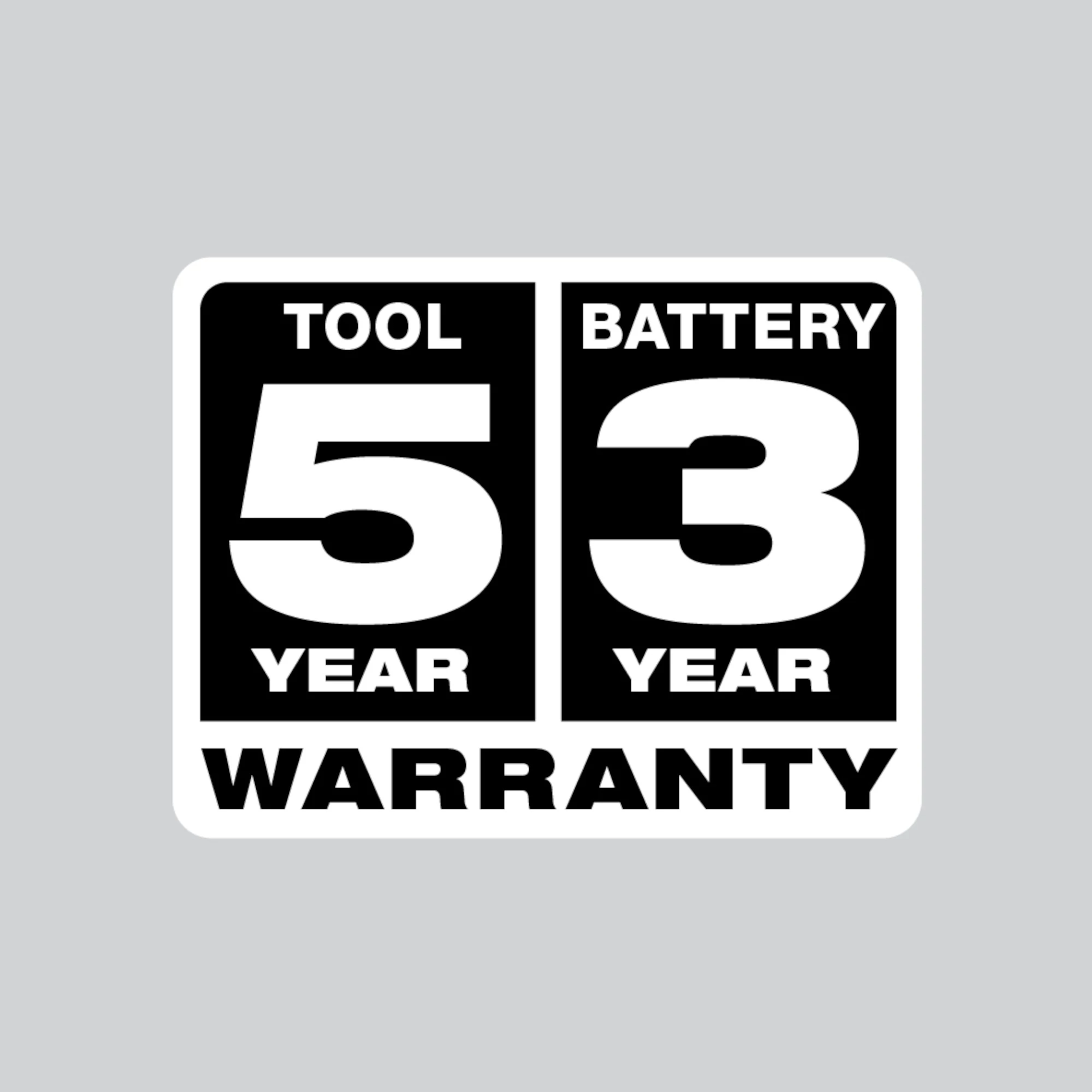 5 year tool, 3 year battery warranty logo