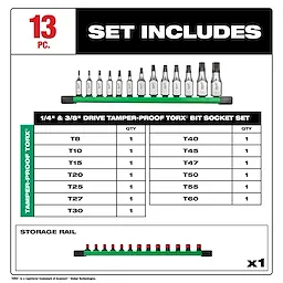 13-piece set includes 1/4" and 3/8" drive tamper-proof TORX bit sockets (T8 to T60) and a storage rail.