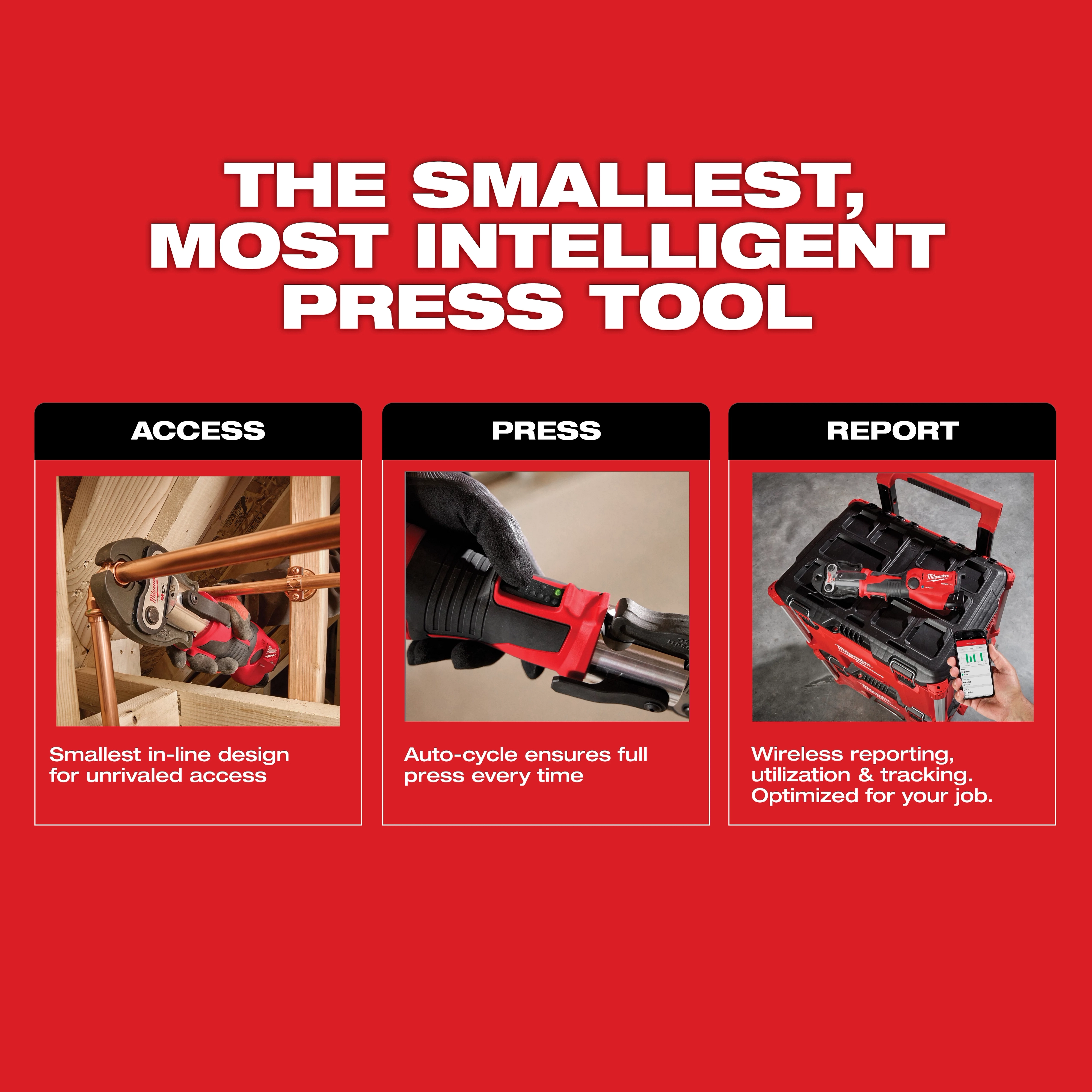 M12 FORCE LOGIC Press Tool Kit w/ ONE-KEY. Features: smallest in-line design, auto-cycle press, wireless reporting/tracking.