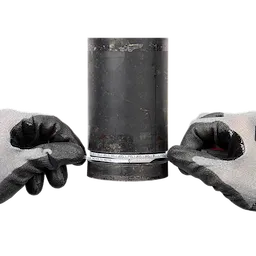 Gloved hands are using a Pipe Diameter Tape Measure to measure the circumference of a dark cylindrical pipe. The tape measure displays both metric and imperial units.