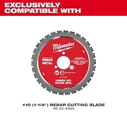 The image shows a red and silver rebar cutting blade labeled "Milwaukee" with the text "EXCLUSIVELY COMPATIBLE WITH M18 FUEL™ #10 (1-1/4") REBAR CUTTER." The blade is designed for rebar metal, offering longer life and faster cuts. The product code is 48-40-4064.