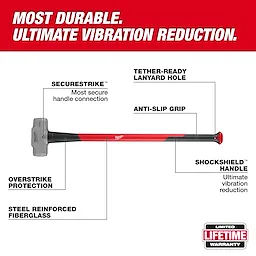 10lb Sledge Hammer with 36" Handle features SecureStrike handle connection, ShockShield handle, anti-slip grip, and overstrike protection.