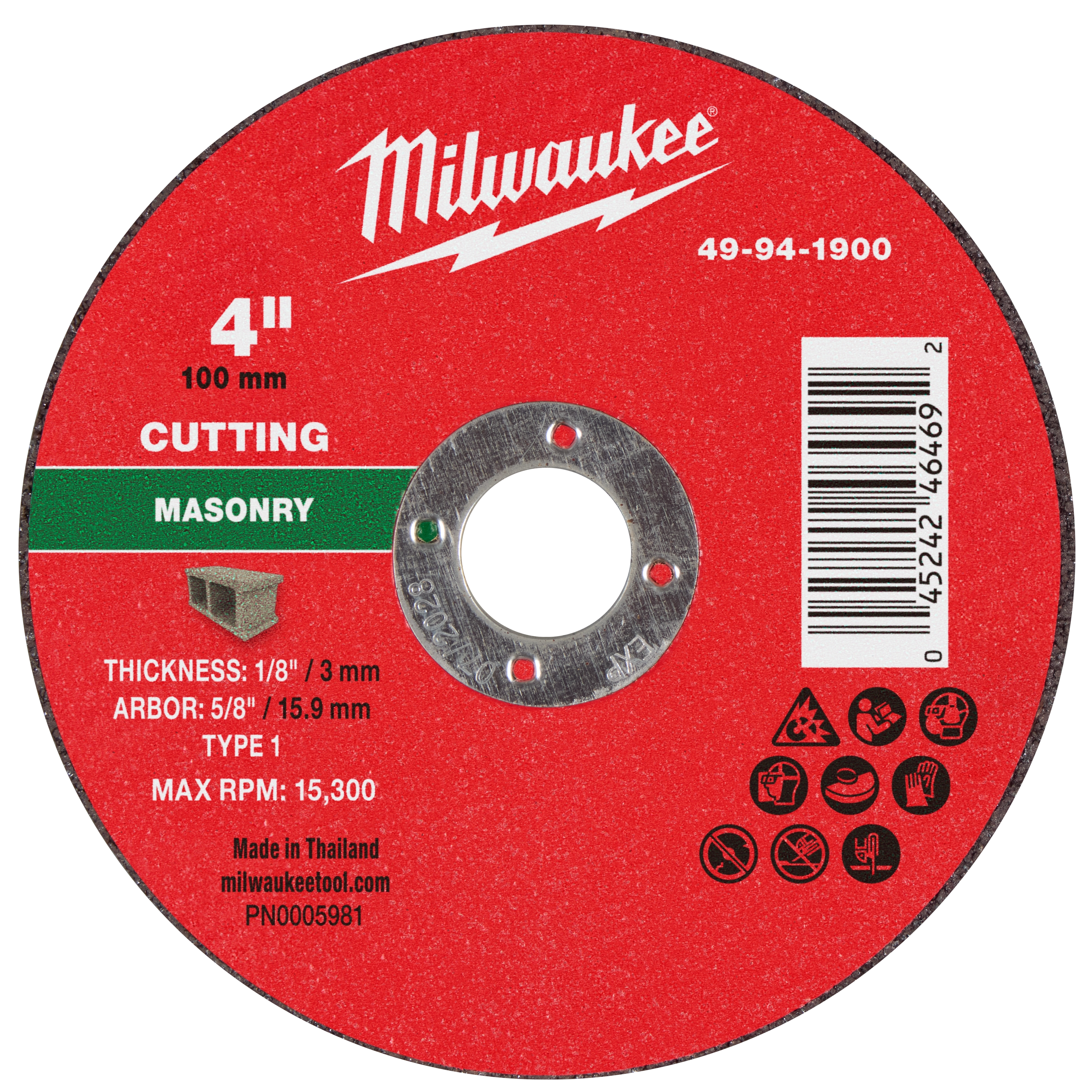 4" x 1/8" x 5/8" Masonry Cut Off Wheel - Type 1, red with white text, maximum RPM 15,300, 100 mm thickness.