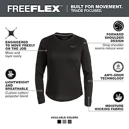 Women's FREEFLEX™ Hybrid Tee - Long Sleeve Black offers lightweight, breathable fabric, moisture-wicking properties, anti-odor technology, and forward shoulder design for movement. Available in black, grey, and dark grey.