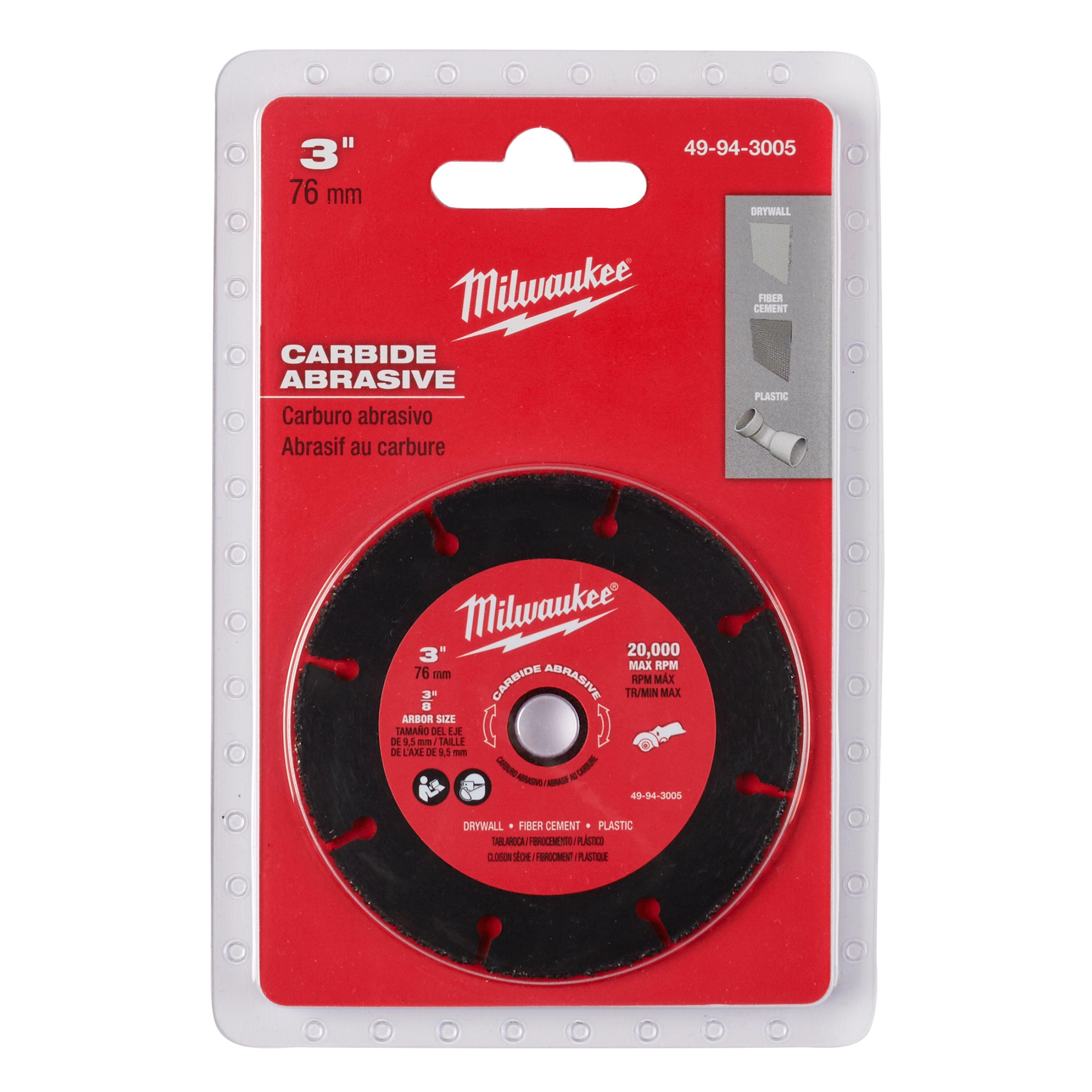 3" Carbide Abrasive Cut-Off Blade in plastic packaging. The blade is designed for cutting drywall, fiber cement, and plastic.