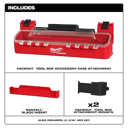 PACKOUT Tool Box Accessory Case Attachment includes a red case with clear lid, Sawzall blade insert, two attachment mounts, and 3/16" hex key.