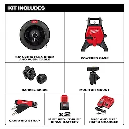 The image shows the components of the M12™ 65’ Ultra Flex Compact Inspection Camera Kit, including a 65' ultra flex drum and push cable, powered base, barrel skids, monitor mount, carrying strap, two M12™ REDLITHIUM™ CP2.0 batteries, and an M18™ and M12™ rapid charger.