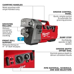 The image shows the M18 FUEL™ RINGER™ Roll Groover for 2” – 6” Sch 10/40. It highlights various features such as carrying handles, groove control panel, grooving rollers, front roll support, bump stop, groove depth offset dial, and pipe material, schedule, and size selectors.