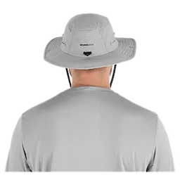A person wearing a light gray WORKSKIN Sunshade Hat is shown from behind. The hat features a wide brim, adjustable chin strap, and ventilation holes.
