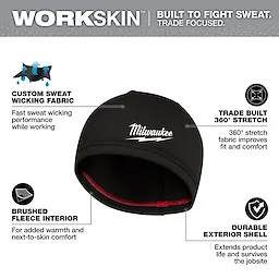 The WORKSKIN™ Low-Profile Beanie by Milwaukee is made of custom sweat-wicking fabric, has a brushed fleece interior, 360-degree stretch for comfort, and a durable exterior shell. It is designed for on-the-job use to provide warmth and manage sweat effectively.