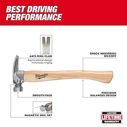 16oz Smooth Face Hickory Handle Hammer with metal head and wooden handle on a white background with red header text.