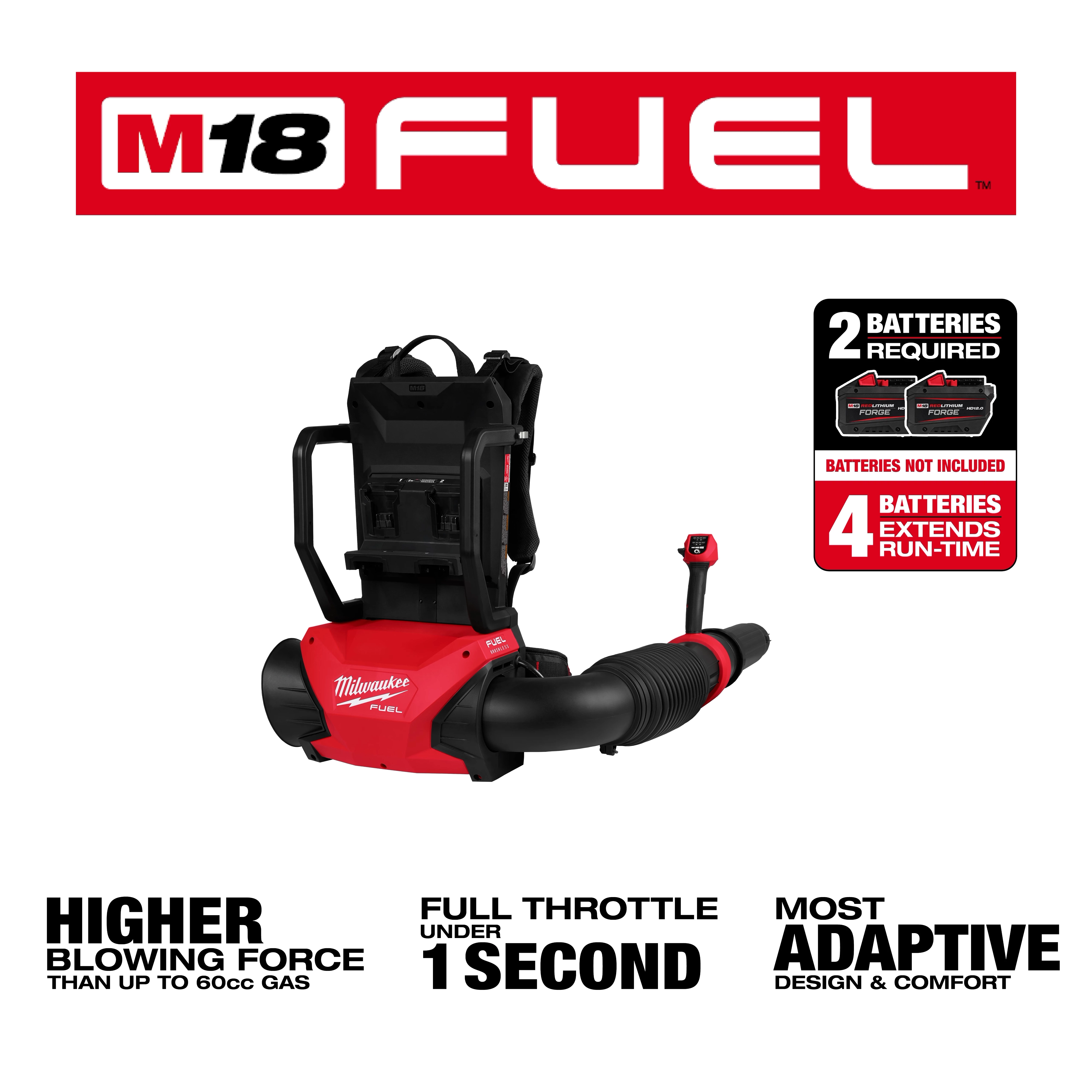 Image of the M18 FUEL™ Dual Battery Backpack Blower with a red and black design. It requires 2 batteries, has a higher blowing force, reaches full throttle in under 1 second, and offers adaptive design and comfort. Text highlights features and battery requirements.